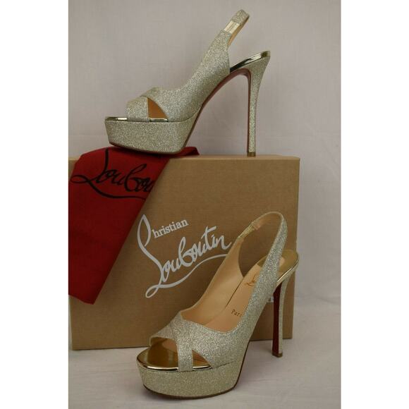 LOUBOUTIN POSTDAM 130 IVORY GOLD GLITTER LEATHER SLING BACK PLATFORM PUMPS 40.5 - Picture 5 of 12